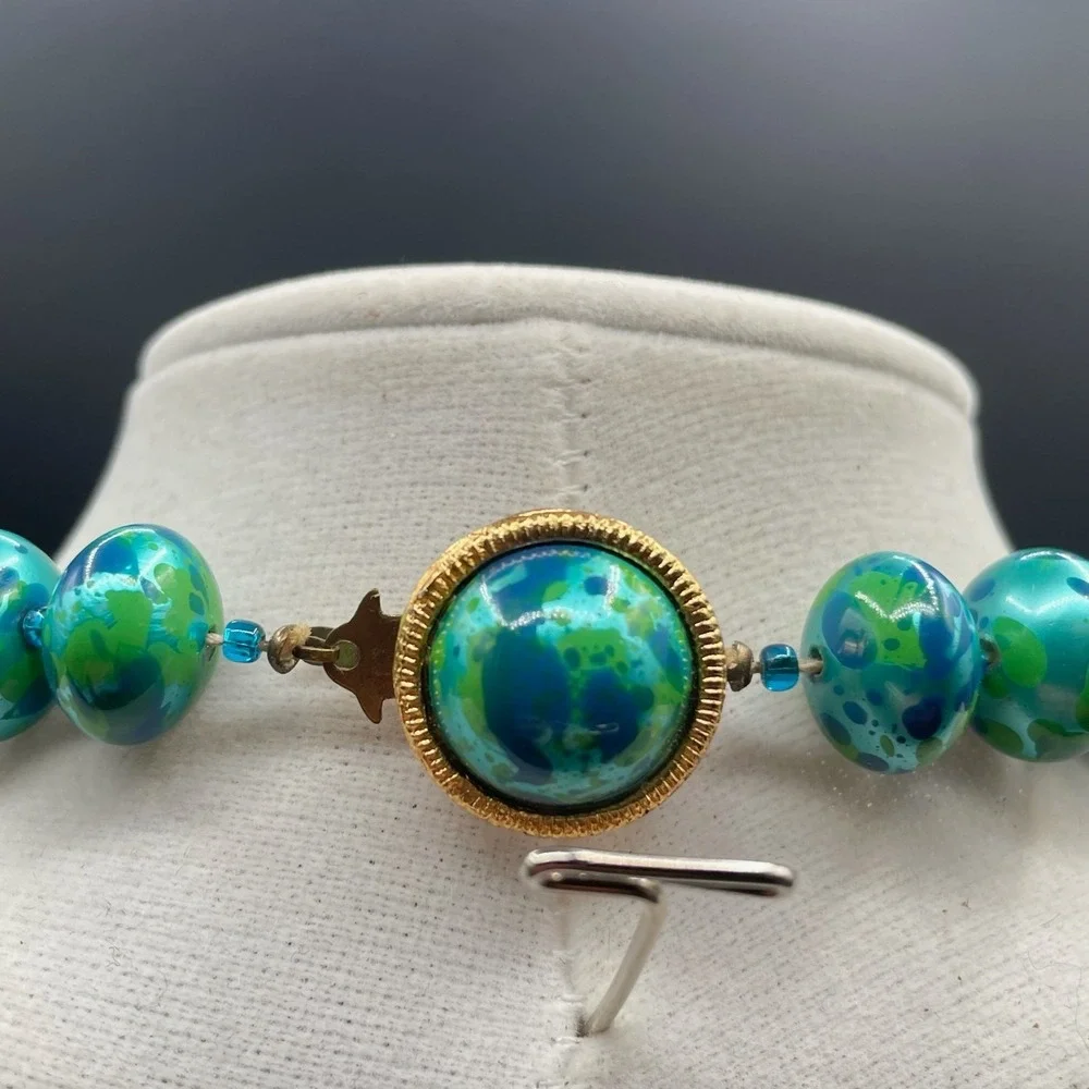 Vintage Green Classic Fashion Bezel Glass Chrysocolla Beaded Statement Necklace - Picture 9 of 10
